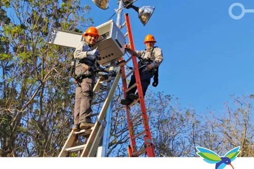 Dos trabajadores sobre escaleras apoyados en un poste de luz, sonriendo durante la instalación de equipo de video vigilancia