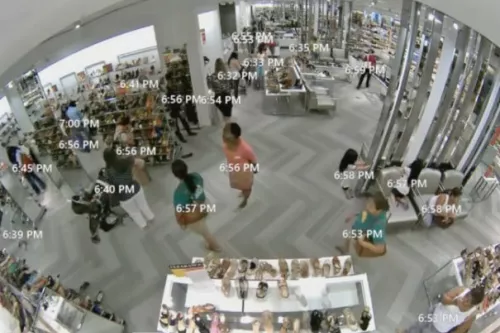 Imagen de cámara de seguridad dentro de una tienda de zapatos que muestra hora en que las personas estuvieron en el lugar
