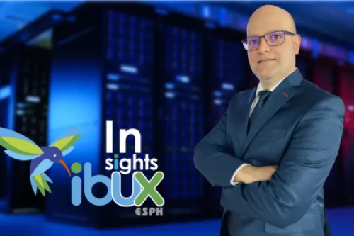 logo de colibrí con "ibux insights" en letras al lado de un hombre sonriendo