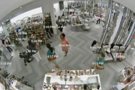 Imagen de cámara de seguridad dentro de una tienda de zapatos que muestra hora en que las personas estuvieron en el lugar
