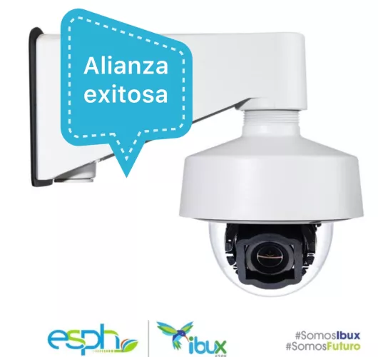 Cámara de seguridad con cuadro celeste y texto alianza exitosa, abajo logos de Ibux-ESPH
